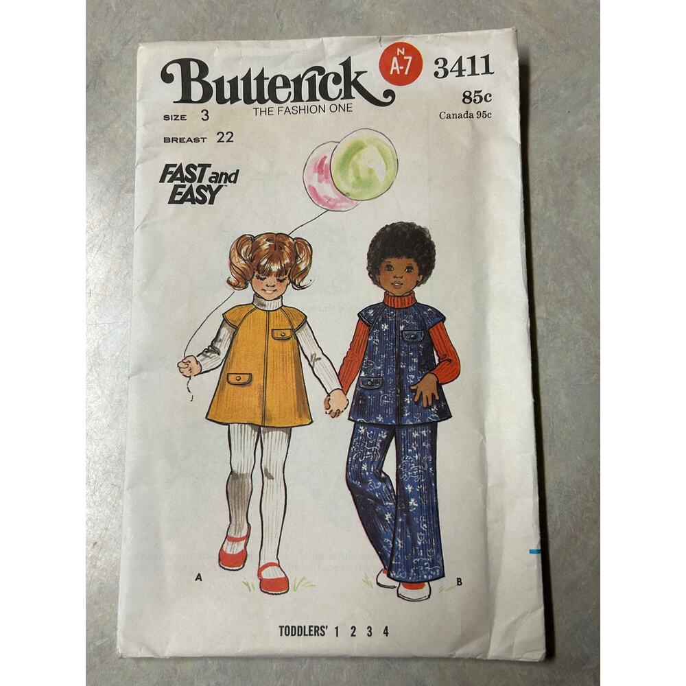 Vintage 1970's Butterick Pattern #3411 Toddler Jumpers and Pull-On Pants Size 3